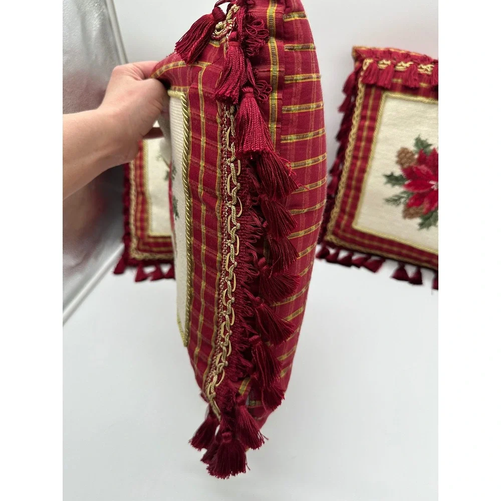 Set of 3 Christmas Poinsettia Needlepoint Throw Pillows Red Plaid Tassel Trim